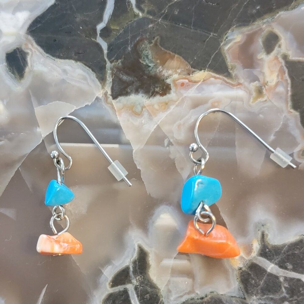 Blue & Orange Tumbled Cluster Stone Dangle Earrings